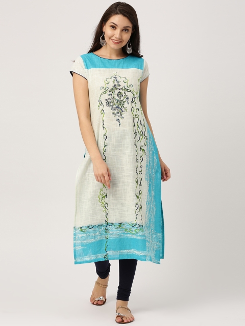 

IMARA Women Off-White & Blue Printed A-Line Kurta