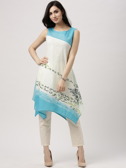 

IMARA Women Off-White & Blue Printed A-Line Kurta