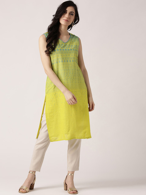 

IMARA Women Lime Green Printed Straight Kurta
