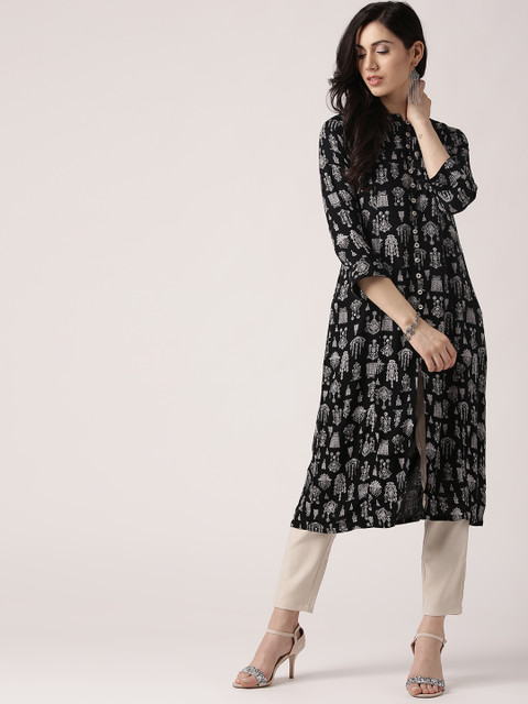 

IMARA Women Black & White Printed A-Line Kurta