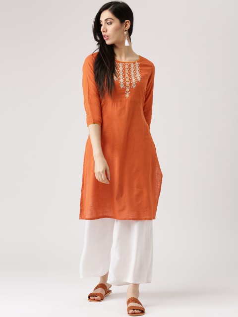 

IMARA Women Orange Yoke Design Straight Kurta