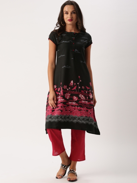 

IMARA Women Black & Pink Floral Printed A-Line Kurta