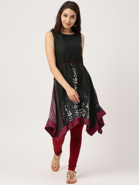 

IMARA Women Black & Maroon Printed A-Line Kurta