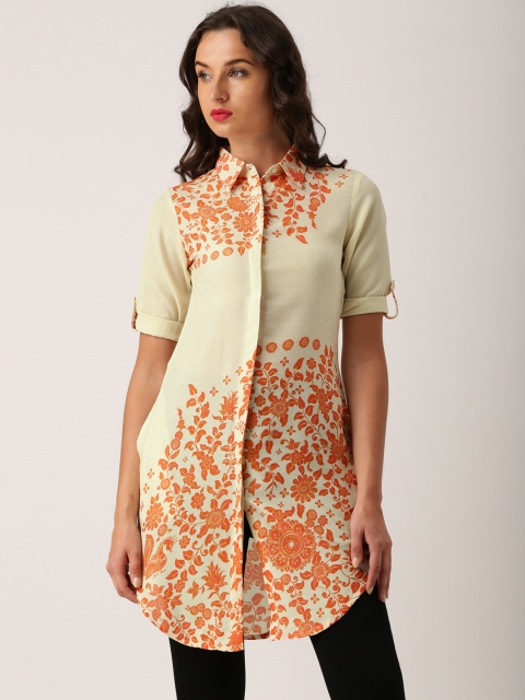 

IMARA Women Off-White & Orange Printed A-Line Kurta