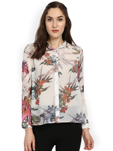 

Kazo Women White Classic Regular Fit Printed Casual Shirt