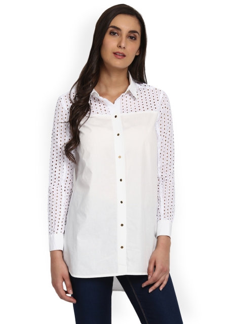 

Kazo Women White Classic Regular Fit Self Design Casual Shirt