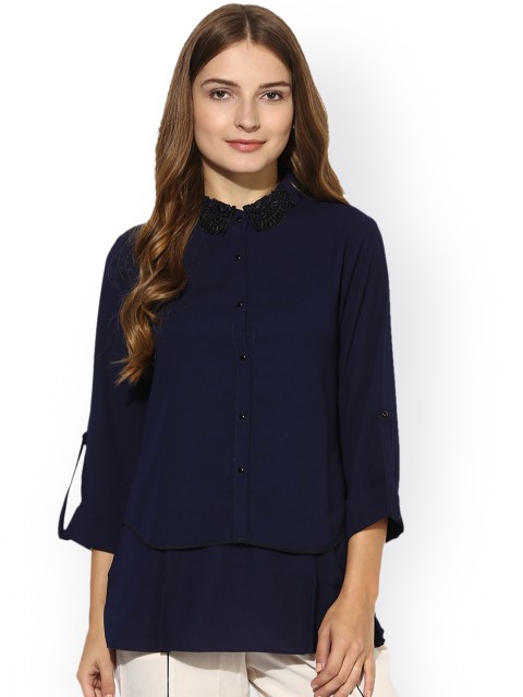 

Soie Women Navy Blue Solid Shirt Style Top