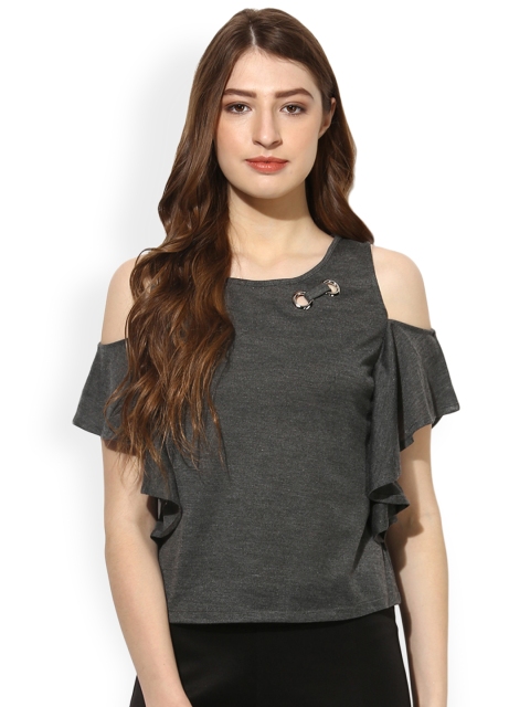 

Soie Women Grey Regular Solid Cold Shoulder Top