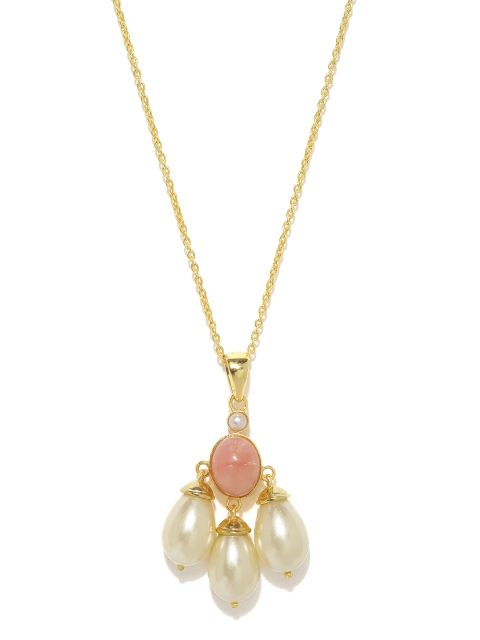 

Gehna Gold-Toned Pink Opal & Pearl Silver Pendant with Chain