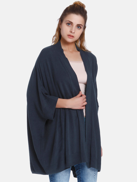

ONLY Women Navy Blue Solid Front-Open Longline Sweater