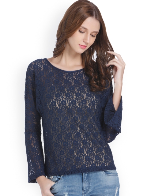 

ONLY Women Navy Self Design Top, Navy blue