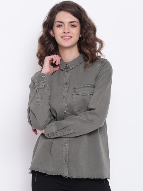 

ONLY Women Green Regular Fit Self Design Casual Shirt