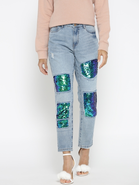 

ONLY Women Blue Boyfriend Fit Low-Rise Mildly Distressed Sequinned Jeans
