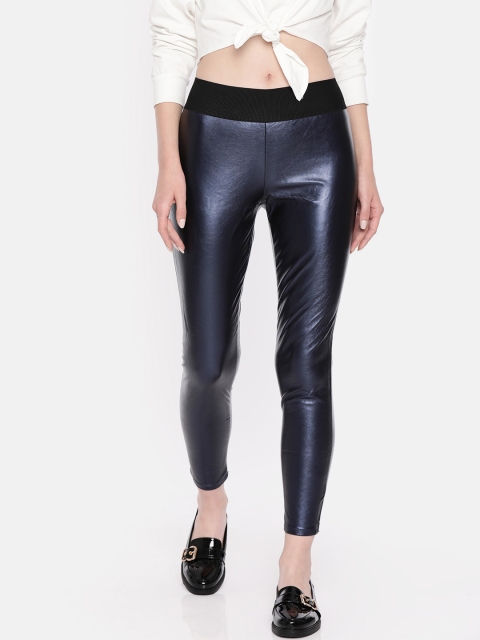 

ONLY Women Navy Blue Solid Sheen Treggings