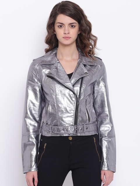 

ONLY Women Silver-Toned Solid Biker Jacket