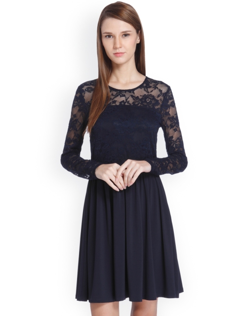 

ONLY Women Navy Self Design Fit and Flare Dress, Navy blue