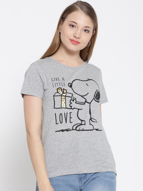 

ONLY Women Grey Melange Printed Round Neck T-shirt