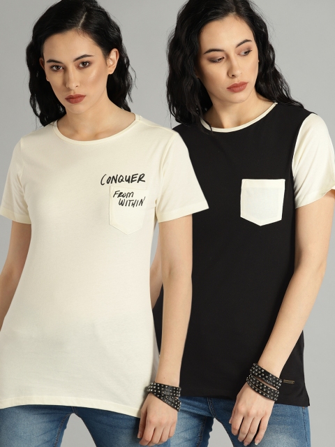 

Roadster Women Pack of 2 Black & Cream-Coloured Round Neck T-Shirts