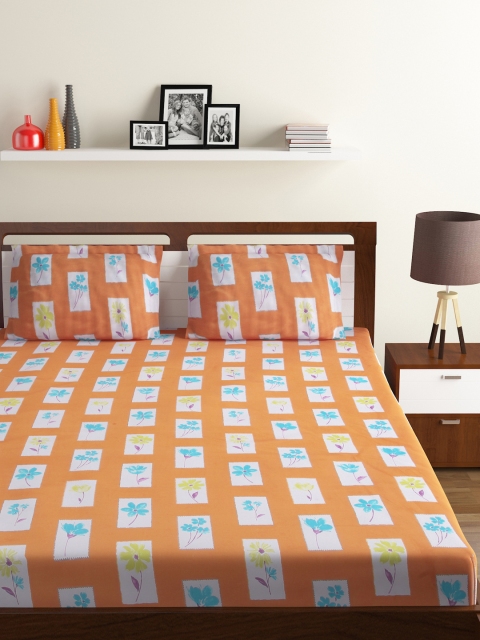 

BOMBAY DYEING Orange & Mustard Floral Flat 120 TC Cotton 1 King Bedsheet with 2 Pillow Covers