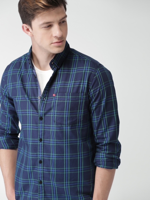 

Harvard Men Navy Blue & Green Slim Fit Checked Casual Shirt