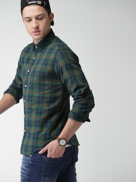 

Harvard Men Navy Blue & Green Slim Fit Checked Casual Shirt