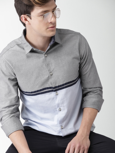 

Harvard Men Grey & Blue Colourblocked Slim Fit Solid Casual Shirt
