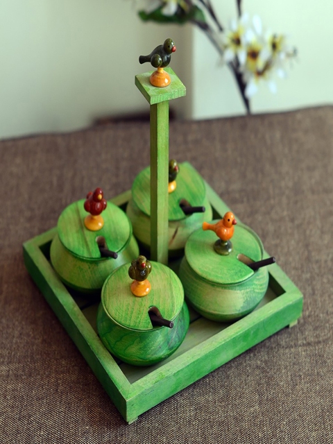 

Unravel India Green 4-Piece Solid Wood Jar Set with Base Tray