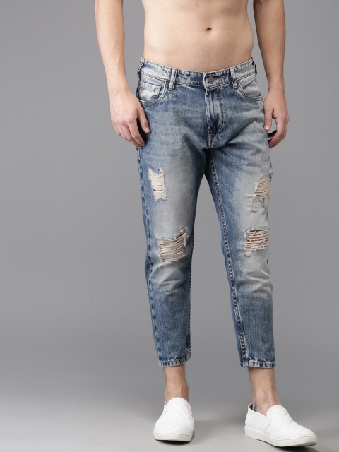 

Moda Rapido Men Blue Slim Tapered Fit Mid-Rise Highly Distressed Cropped Jeans