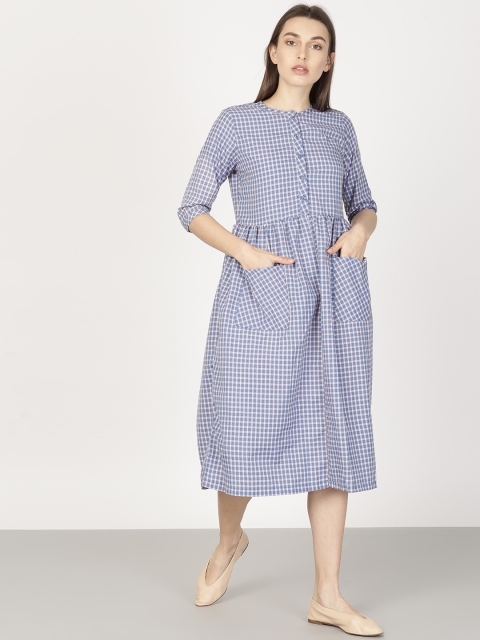 

ether Women Blue & Off-White Checked A-Line Dress