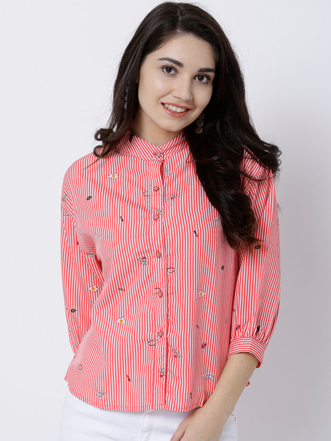 

Tokyo Talkies Women Coral Pink & White Regular Fit Printed Casual Shirt
