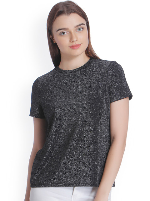 

Vero Moda Women Black Self-Design Round Neck T-shirt