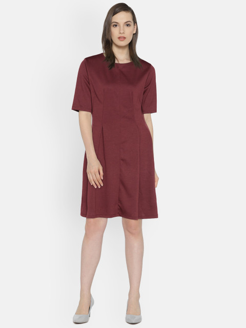 

ether Women Burgundy Solid Fit & Flare Dress
