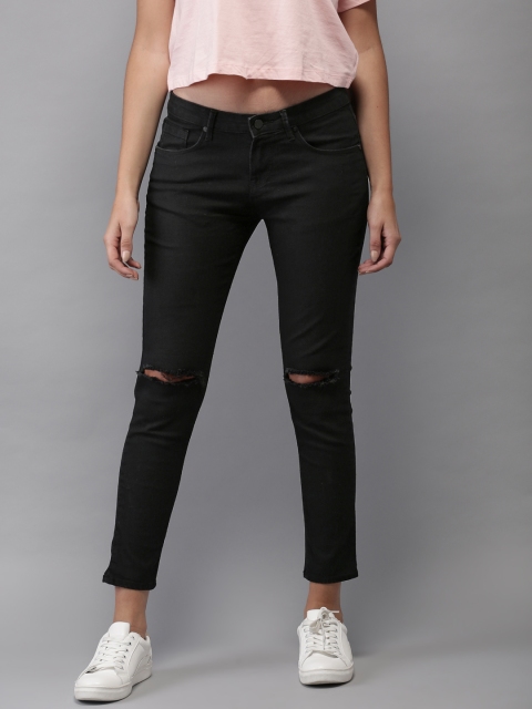 

HERE&NOW Women Black Skinny Fit Mid-Rise Cropped Slash Knee Stretchable Jeans