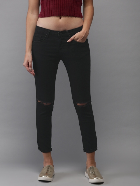 

HERE&NOW Women Black Skinny Fit Mid-Rise Cropped Slash Knee Stretchable Jeans