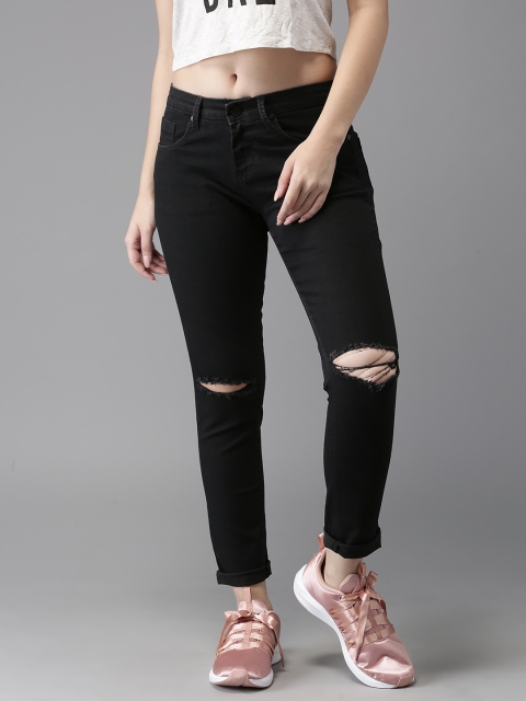 

HERE&NOW Women Black Skinny Fit Mid-Rise Cropped Slash Knee Stretchable Jeans