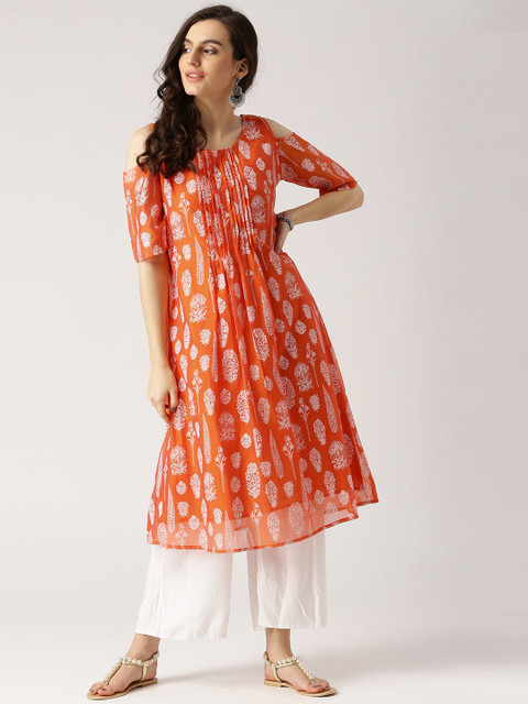 

IMARA Women Orange & White Printed Cold-Shoulder A-Line Kurta