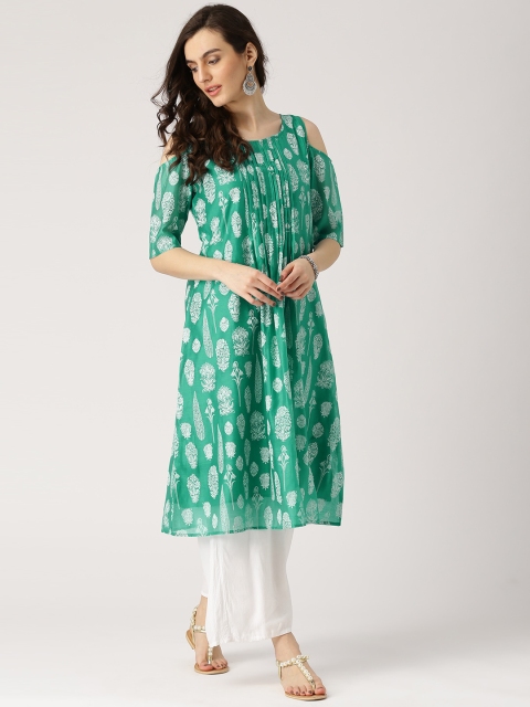 

IMARA Women Sea Green & White Printed Cold-Shoulder A-Line Kurta