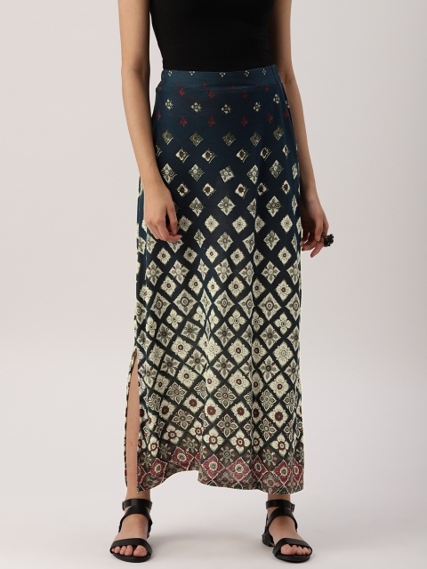 

IMARA Women Blue Printed Straight Maxi Skirt, Navy blue