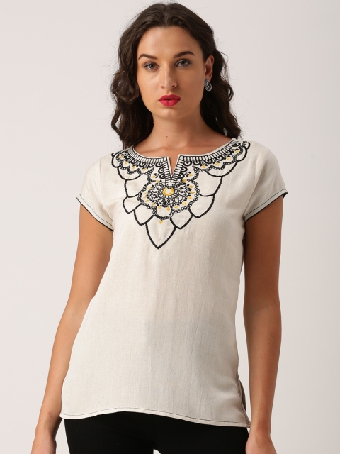 

IMARA Women Off-White Embroidered Pure Cotton Top