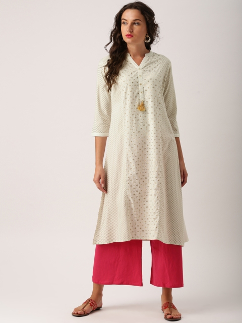 

IMARA Women Off-White & Gold-Toned Printed A-Line Kurta