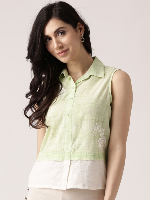 

IMARA Women Green Solid Shirt Style Pure Cotton Top