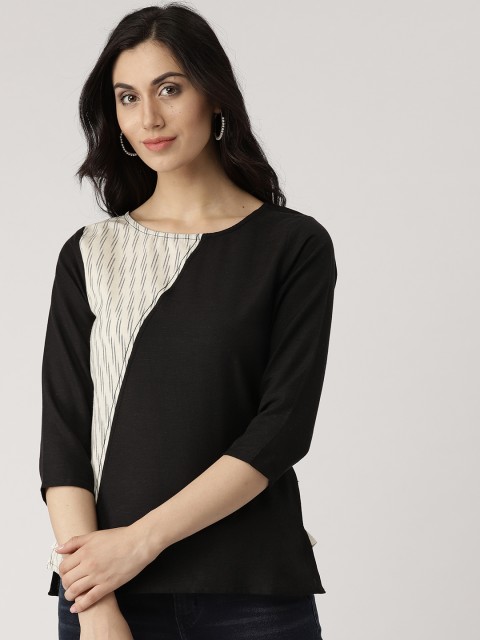 

IMARA Women Black & Off-White Self-Design A-Line Pure Cotton Top