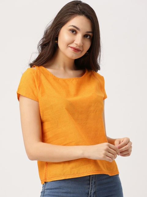 

IMARA Women Yellow Solid Pure Cotton Top
