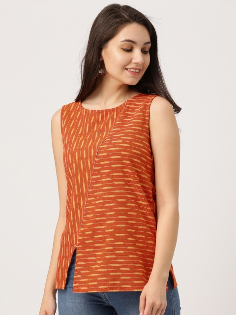 

IMARA Women Rust Red Striped Pure Cotton Top
