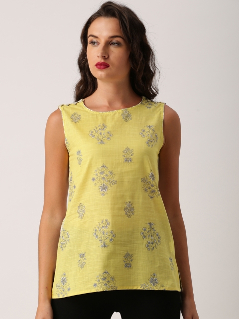 

IMARA Women Yellow Printed A-Line Pure Cotton Top