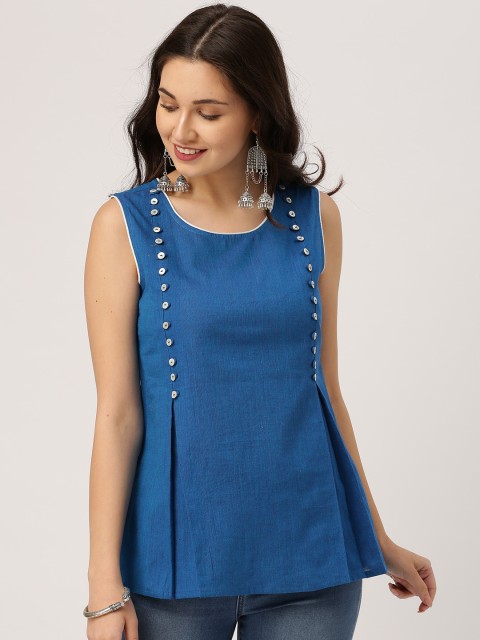 

IMARA Women Blue Solid Pure Cotton Top