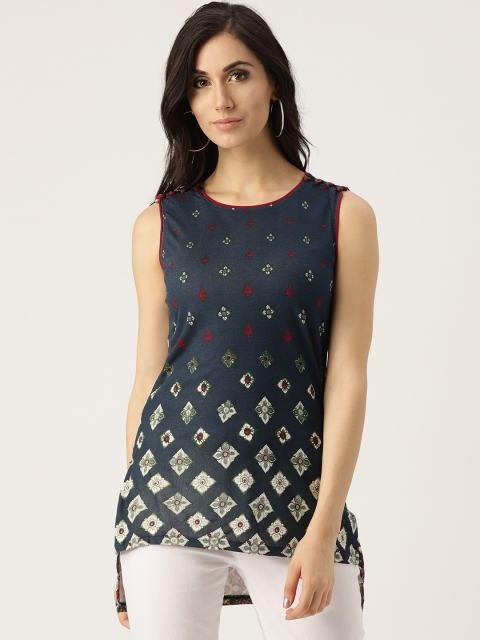 

IMARA Women Navy Blue Printed High-Low Top