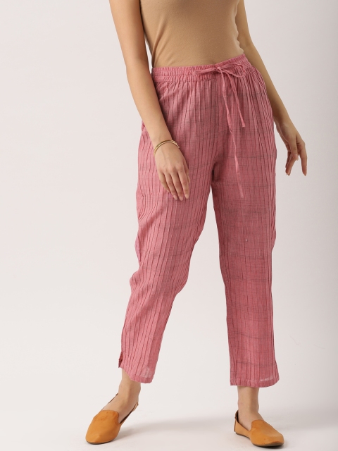 

IMARA Women Pink Slim Fit Striped Regular Trousers