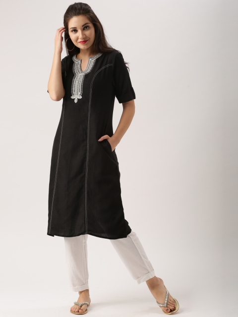 

IMARA Women Black Embroidered A-Line Kurta