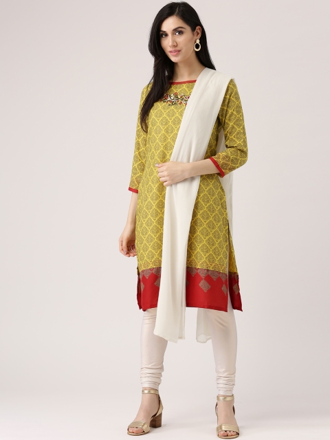 

IMARA Women Green & White Printed Kurta with Churidar & Dupatta